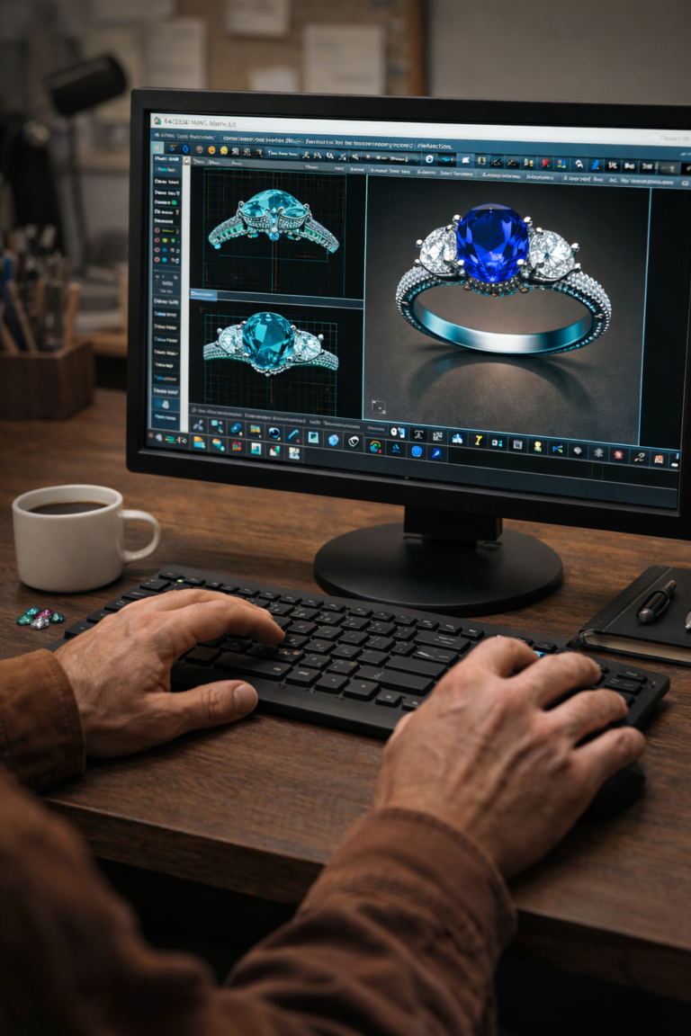 Jeweler in action creating a custom built ring 