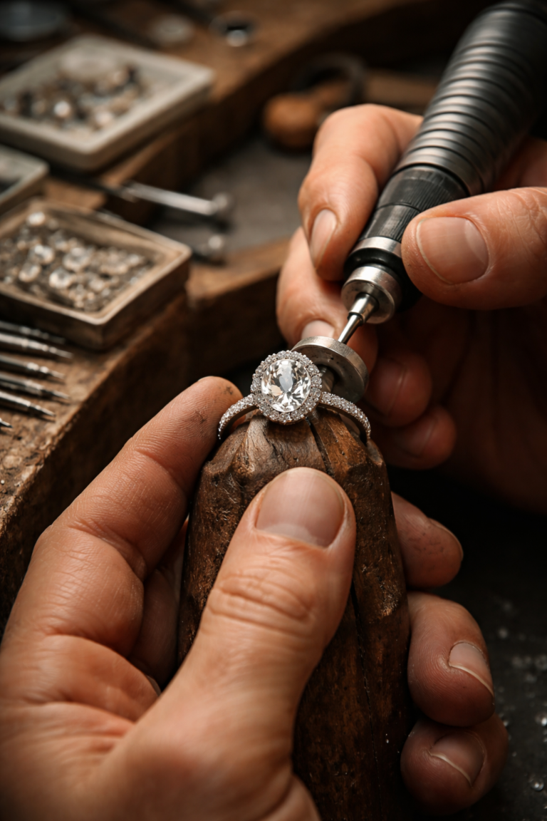 custom made Halo diamond ring by jeweler