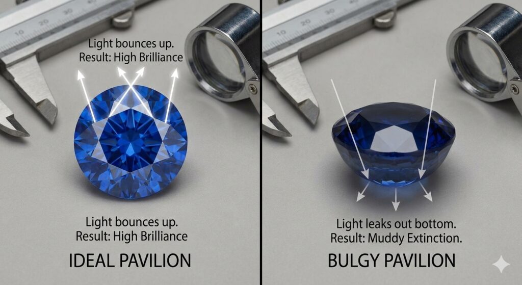 cut of colored gemstone and bulgy pavilion 
